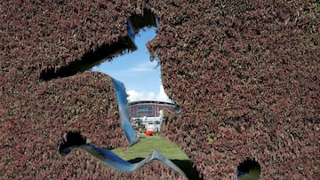 Curiosa imagen de un seto con la figura de un futbolista y al fondo El Kazan Arena.