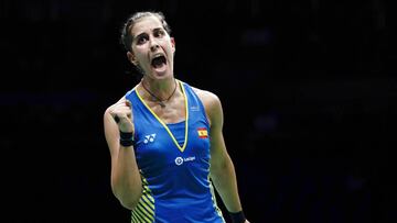 NANJING, CHINA - AUGUST 04:  Carolina Marin of Spain celebrate after defeating He Bingjiao of China in their Women&#039;s Singles Semifinals match during the Badminton World Championships at Nanjing Youth Olympic Games Sport Park  on August 4, 2018 in Nan