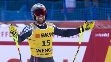 El noruego Aleksander Aamodt Kilde celebra su victoria en la prueba de Supergigante de Copa del Mundo en la estación suiza de Wengen, este viernes.