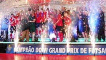 <b>CAMPEONES. </b>La Selección celebra su triunfo en el Grand Prix tras vencer a Brasil.