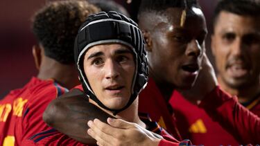 Spain's midfielder #09 Gavi celebrates scoring the opening goal during the EURO 2024 first round group A qualifying football match between Spain and Cyprus at the Nuevo Estadio de Los Carmenes in Granada on September 12, 2023. (Photo by JORGE GUERRERO / AFP)