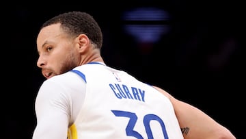 Stephen Curry #30 of the Golden State Warriors reacts during the second quarter against the Portland Trail Blazers at Moda Center on April 09, 2023 in Portland, Oregon.