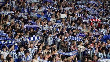 Real Sociedad's supporters cheer during the Spanish Liga football match between Real Sociedad and Athletic Club Bilbao at the Anoeta stadium in San Sebastian on September 30, 2023. (Photo by CESAR MANSO / AFP)