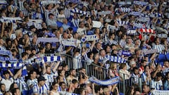 Real Sociedad's supporters cheer during the Spanish Liga football match between Real Sociedad and Athletic Club Bilbao at the Anoeta stadium in San Sebastian on September 30, 2023. (Photo by CESAR MANSO / AFP)