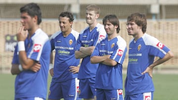 C&eacute;sar, Celades y Corona, en un entrenamiento del Real Zaragoza en 2006.