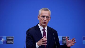 FILE PHOTO: NATO Secretary General Jens Stoltenberg speaks during a press conference, at the NATO Headquarters in Brussels, Belgium, April 4, 2024. REUTERS/Johanna Geron/Pool/File Photo