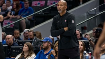 Detroit Pistons head coach Monty Williams watches the game between the Dallas Mavericks and the Detroit Pistons during the first half at the American Airlines Center.