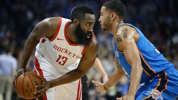 Mar 6, 2018; Oklahoma City, OK, USA; Houston Rockets guard James Harden (13) drives to the basket in front of Oklahoma City Thunder guard Josh Huestis (34) during the second quarter at Chesapeake Energy Arena. Mandatory Credit: Mark D. Smith-USA TODAY Spo
