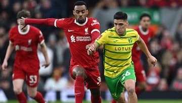 Norwich City's Chilean midfielder #26 Marcelino Nunez (R) vies with Liverpool's Dutch midfielder #38 Ryan Gravenberch during the English FA Cup fourth round football match between Liverpool and Norwich City at Anfield in Liverpool, north west England on January 28, 2024. (Photo by Paul ELLIS / AFP) / RESTRICTED TO EDITORIAL USE. No use with unauthorized audio, video, data, fixture lists, club/league logos or 'live' services. Online in-match use limited to 120 images. An additional 40 images may be used in extra time. No video emulation. Social media in-match use limited to 120 images. An additional 40 images may be used in extra time. No use in betting publications, games or single club/league/player publications. / 