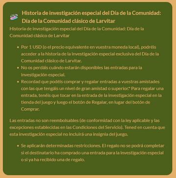 Durante el D&iacute;a de la Comunidad de Larvitar habr&aacute; una Investigaci&oacute;n Especial de pago