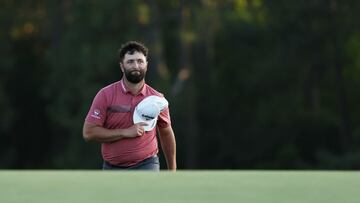 AUGUSTA, GEORGIA - APRIL 09: Jon Rahm of Spain reacts as he approaches the 18th green during the final round of the 2023 Masters Tournament at Augusta National Golf Club on April 09, 2023 in Augusta, Georgia.   Patrick Smith/Getty Images/AFP (Photo by Patrick Smith / GETTY IMAGES NORTH AMERICA / Getty Images via AFP)