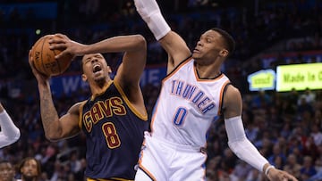 Feb 9, 2017; Oklahoma City, OK, USA; Oklahoma City Thunder guard Russell Westbrook (0) attempts to block a shot attempt by Cleveland Cavaliers forward Channing Frye (8) during the second quarter at Chesapeake Energy Arena. Mandatory Credit: Mark D. Smith-USA TODAY Sports