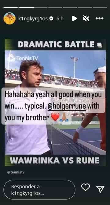 Story de Nick Kyrgios en Instagram sobre el incidente entre Stan Wawrinka y Holger Rune tras su partido en el Masters 1.000 de Indian Wells.