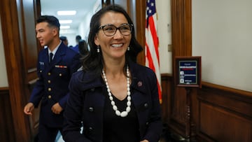 Representative Nancy Peltola, the first Alaska Native to serve in Congress, smiles following her ceremonial swearing in at the United States Capitol in Washington.