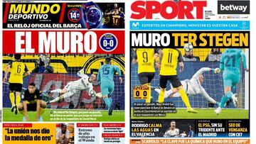 Portadas de Mundo Deportivo y Sport del 18 de septiembre de 2019 con Marc-Andr&eacute; Ter Stegen como protagonista tras su gran actuaci&oacute;n en el partido de Champions League entre F.C. Barcelona y Borussia Dortmund.