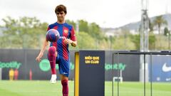 Portuguese forward Joao Felix plays with a football during his official presentation as FC Barcelona player at the Joan Gamper training ground in Sant Joan Despi, near Barcelona, on September 2, 2023. Barcelona signed Atletico Madrid forward Joao Felix and Manchester City defender Joao Cancelo on loan until the end of the season. (Photo by Pau BARRENA / AFP)