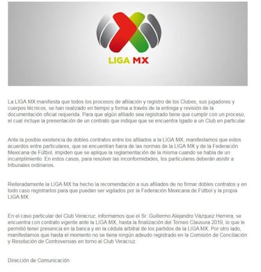Liga MX se pronunció sobre el caso de contratos en Veracruz