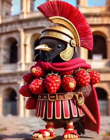Este personaje es un p¨¢jaro volador que marcha por las calles de Roma mientras emite sonidos peculiares. Viste como un centuri¨®n romano, con su casco, capa, espada y sandalias, y se alimenta de frambuesas.
