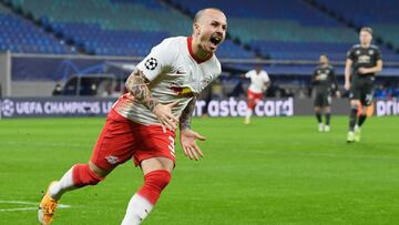 Soccer Football - Champions League - Group H - RB Leipzig v Manchester United - Red Bull Arena, Leipzig, Germany - December 8, 2020 RB Leipzig&#039;s Angelino celebrates scoring their first goal Pool via REUTERS/Annegret Hilse