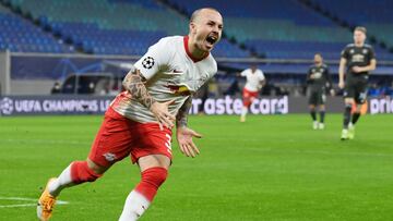 Soccer Football - Champions League - Group H - RB Leipzig v Manchester United - Red Bull Arena, Leipzig, Germany - December 8, 2020 RB Leipzig&#039;s Angelino celebrates scoring their first goal Pool via REUTERS/Annegret Hilse