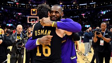 CLEVELAND, OHIO - DECEMBER 06: LeBron James #6 of the Los Angeles Lakers congratulates his former teammate Cedi Osman #16 of the Cleveland Cavaliers after the game at Rocket Mortgage Fieldhouse on December 06, 2022 in Cleveland, Ohio. The Cavaliers defeated the Lakers 115-100. NOTE TO USER: User expressly acknowledges and agrees that, by downloading and or using this photograph, User is consenting to the terms and conditions of the Getty Images License Agreement. (Photo by Jason Miller/Getty Images)