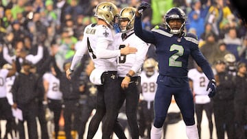 SEATTLE, WASHINGTON - OCTOBER 25: Aldrick Rosas #6 of the New Orleans Saints celebrates with Blake Gillikin #4 after making a field goal in the fourth quarter to take a 13-10 lead against the Seattle Seahawks at Lumen Field on October 25, 2021 in Seattle,