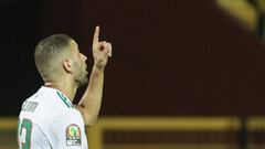 FILED - 01 July 2019, Egypt, Cairo: Algeria&#039;s Islam Slimani celebrates scoring his side&#039;s first goal during the 2019 Africa Cup of Nations Group C soccer match between Tanzania and Algeria at Al-Salam Stadium. Tottenham Hotspur club expressed to