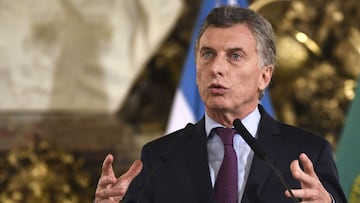 Argentina's President Mauricio Macri speaks during a joint press conference with Portuguese Primer Minister Antonio Costa (not framed) ensuing a working meeting at the Casa Rosada presidential palace in Buenos Aires on June 13, 2017. / AFP PHOTO / EITAN ABRAMOVICH
