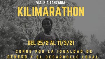 Cartel promocional de la Kilimaratahon promovida por la ONG Wanawake por la igualdad de género y el desarrollo local con Martín Fiz como padrino de la iniciativa.