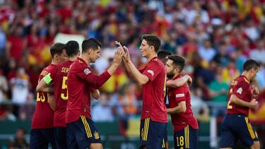 SEVILLE, SPAIN - JUNE 02: Alvaro Morata of Spain celebrates after scoring his teams first goal with team mates during the UEFA Nations League League A Group 2 match between Spain and Portugal at Estadio Benito Villamarin on June 2, 2022 in Seville, Spain. (Photo by Berengui/DeFodi Images via Getty Images)