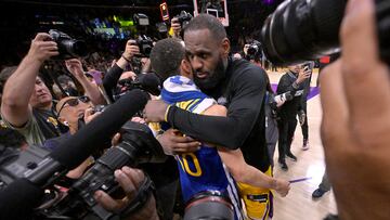 May 12, 2023; Los Angeles, California, USA; Los Angeles Lakers forward LeBron James (6) and Golden State Warriors guard Stephen Curry (30) embrace after game six of the 2023 NBA playoffs at Crypto.com Arena. Mandatory Credit: Jayne Kamin-Oncea-USA TODAY Sports TPX IMAGES OF THE DAY