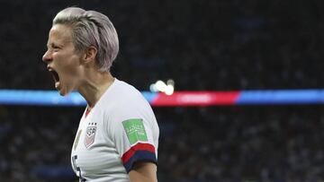 United States' Megan Rapinoe celebrates after scoring her side's second goal during the Women's World Cup quarterfinal soccer match between France and the United States at the Parc des Princes, in Paris, Friday, June 28, 2019. (AP Photo/Francisco Seco)