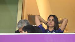 LUSAIL CITY, QATAR - DECEMBER 09: Antonella Roccuzzo, Wife of Lionel Messi, looks on from a hospitality box prior to kick off of the FIFA World Cup Qatar 2022 quarter final match between Netherlands and Argentina at Lusail Stadium on December 09, 2022 in Lusail City, Qatar. (Photo by Matthias Hangst/Getty Images)