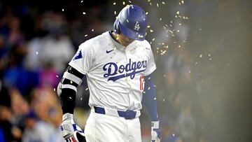 LOS ANGELES, CALIFORNIA - APRIL 12: Shohei Ohtani #17 of the Los Angeles Dodgers is showered with seeds after hitting a solo home run in the first inning against the San Diego Padres at Dodger Stadium on April 12, 2024 in Los Angeles, California.   Jayne Kamin-Oncea/Getty Images/AFP (Photo by Jayne Kamin-Oncea / GETTY IMAGES NORTH AMERICA / Getty Images via AFP)