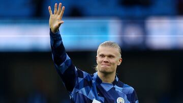 Soccer Football - Premier League - Manchester City v Leicester City - Etihad Stadium, Manchester, Britain - April 15, 2023  Manchester City's Erling Braut Haaland celebrates after the match Action Images via Reuters/Lee Smith EDITORIAL USE ONLY. No use with unauthorized audio, video, data, fixture lists, club/league logos or 'live' services. Online in-match use limited to 75 images, no video emulation. No use in betting, games or single club /league/player publications.  Please contact your account representative for further details.