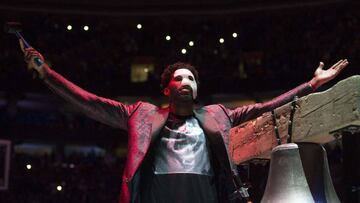 PHILADELPHIA, PA - APRIL 14: Joel Embiid #21 of the Philadelphia 76ers rings the bell prior to Game One of the first round of the 2018 NBA Playoff against the Miami Heat at Wells Fargo Center on April 14, 2018 in Philadelphia, Pennsylvania. NOTE TO USER: User expressly acknowledges and agrees that, by downloading and or using this photograph, User is consenting to the terms and conditions of the Getty Images License Agreement.   Mitchell Leff/Getty Images/AFP
 == FOR NEWSPAPERS, INTERNET, TELCOS &amp; TELEVISION USE ONLY ==