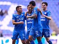 Andres Montano celebrates his goal 3-0 with Carlos Rodriguez, Gabriel Fernandez of Cruz Azul during the 10th round match between Cruz Azul and Atletico de San Luis as part of the Liga BBVA MX Varonil, Torneo Clausura 2026 at Cuauhtemoc Stadium, on March 07, 2026 in Puebla, Mexico.