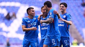 Andres Montano celebrates his goal 3-0 with Carlos Rodriguez, Gabriel Fernandez of Cruz Azul during the 10th round match between Cruz Azul and Atletico de San Luis as part of the Liga BBVA MX Varonil, Torneo Clausura 2026 at Cuauhtemoc Stadium, on March 07, 2026 in Puebla, Mexico.