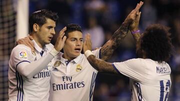 Morata, James y Marcelo celebran uno de los goles logrados ante el Deportivo en el estadio de Riazor.