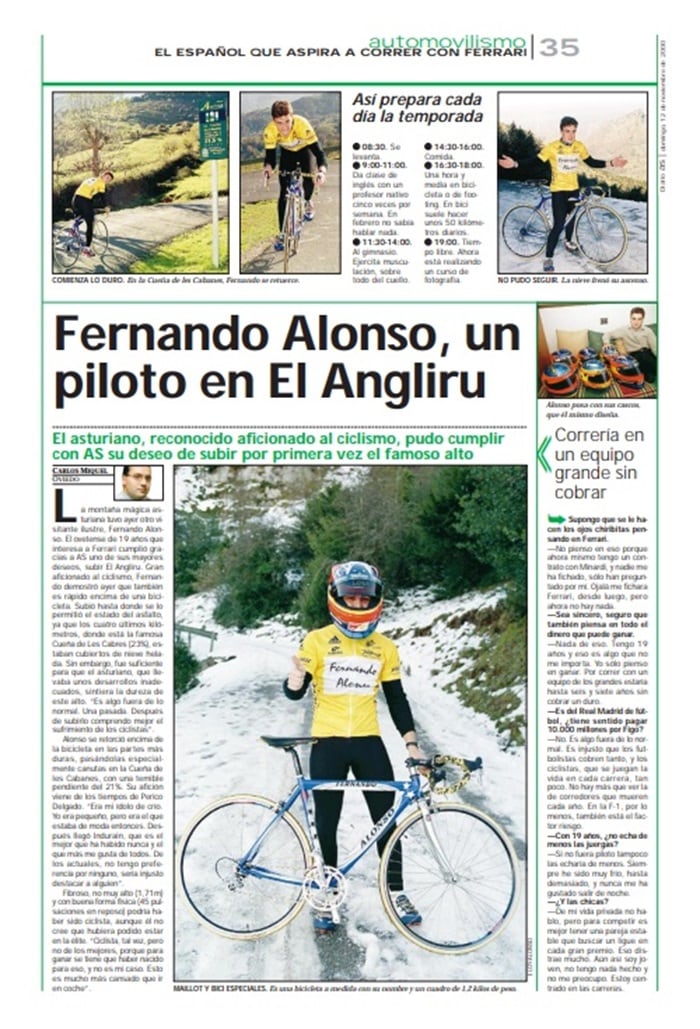 Página del Diario AS del 12 de noviembre del 2000 con un reportaje de Fernando Alonso subiendo el Angliru en bicicleta para AS
