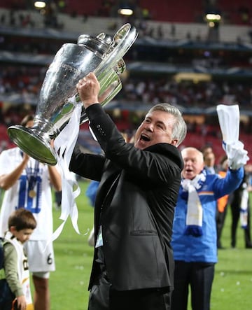 PARTIDO FINAL CHAMPIONS LEAGUE LISBOA 2014  REAL MADRID - ATLETICO DE MADRID  ALEGRIA CELEBRACION CAMPEONES ANCELOTTI TROFEO