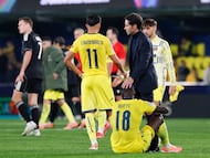 Gueye, Akhomach y Marcelino, tras el partido ante el Copenhague.