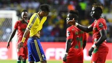 Gabon's forward Pierre-Emerick Aubameyang reacts as he walks off the pitch during the 2017 Africa Cup of Nations group A football match between Gabon and Guinea-Bissau at the Stade de l'Amitie Sino-Gabonaise