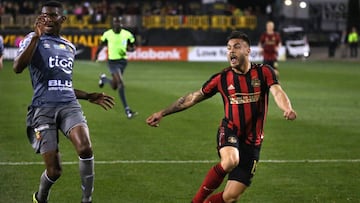 Atlanta United forward Hector Villalba (R) reacts after missing a shot on the Herediano goal in the second half of the CONCACAF Champions League playoff football match between Atlanta United and Herediano at the Fifth Third Bank Stadium on February 28, 2019, in Kennesaw, Georgia. (Photo by Elijah Nouvelage / AFP)