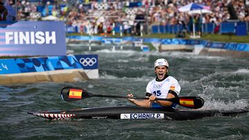 Spain's Pau Echaniz react after competing for the gold in the men's kayak final of the canoe slalom competition at Vaires-sur-Marne Nautical Stadium in Vaires-sur-Marne during the Paris 2024 Olympic Games on August 1, 2024. (Photo by Olivier MORIN / AFP)