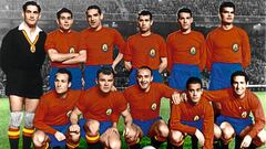Equipación de la Selección Española durante 1959 hasta 1979. Fotografía correspondiente al partido de la Eurocopa de 1960 contra la URSS.