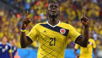 CUIABA, BRAZIL - JUNE 24:  Jackson Martinez of Colombia celebrates scoring his team&#039;s second goal during the 2014 FIFA World Cup Brazil Group C match between Japan and Colombia at Arena Pantanal on June 24, 2014 in Cuiaba, Brazil.  (Photo by Christopher Lee/Getty Images)
