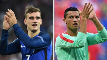 Portugal&#039;s forward Cristiano Ronaldo (L) in Decines-Charpieu, near Lyon, on July 6, 2016. France will face Portugal in the Euro 2016 final 