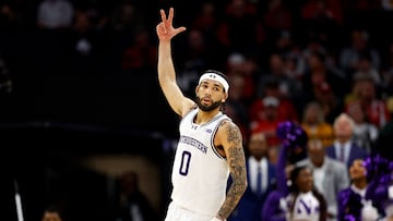 MINNEAPOLIS, MINNESOTA - MARCH 15: Boo Buie #0 of the Northwestern Wildcats celebrates his three-point basket against the Wisconsin Badgers in the first half at Target Center in the Quarterfinals of the Big Ten Tournament on March 15, 2024 in Minneapolis, Minnesota.   David Berding/Getty Images/AFP (Photo by David Berding / GETTY IMAGES NORTH AMERICA / Getty Images via AFP)