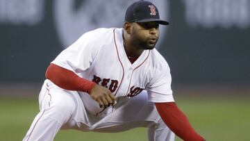 FILE - In this April 11, 2017, file photo, Boston Red Sox's Pablo Sandoval plays third base during the second inning of a baseball game against the Baltimore Orioles at Fenway Park in Boston. On Friday, July 14, 2017, the Red Sox announced that Sandoval had been designated for assignment after being activated from the 10-day disabled list. (AP Photo/Charles Krupa, File)